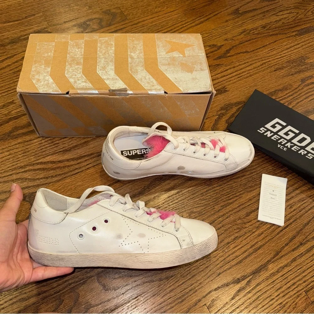 New Size 40 Golden Goose Superstar Sneakers White Leather Pink Mink Fur